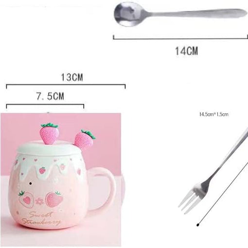 High beauty Cup With Cover Spoon Mug Female Student Korean Version Lovely ins Coffee Cup Household Ceramic Breakfast Cup (Pink 2)