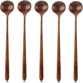 Long Spoons Wooden, 5 Pieces Korean Style 10.9 inches 100% Natural Wood Long Handle Round Spoons for Soup Cooking Mixing Stirrer Kitchen Tools Utensils