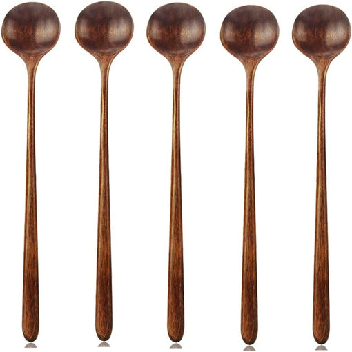 Long Spoons Wooden, 5 Pieces Korean Style 10.9 inches 100% Natural Wood Long Handle Round Spoons for Soup Cooking Mixing Stirrer Kitchen Tools Utensils