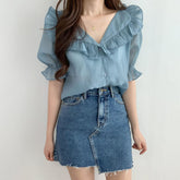 BXCNCKD Korean Style Summer Shirts Women's Sweet Top V-Neck Ruffle Puff Sleeve Shirts Women(Blue,M)