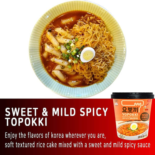 Yopokki Sweet & Mild Spicy Rabokki Cup I Ramen Noodle Tteokbokki Topokki Rice Cakes (Sweet & Mild Spicy Flavored Sauce, 2 Cup) Korean Snack