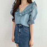 BXCNCKD Korean Style Summer Shirts Women's Sweet Top V-Neck Ruffle Puff Sleeve Shirts Women(Blue,M)